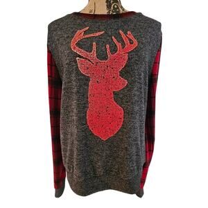 Tru Self Deer Plaid Sweatshirt, Red Black, Buck, Embellished, Sz L